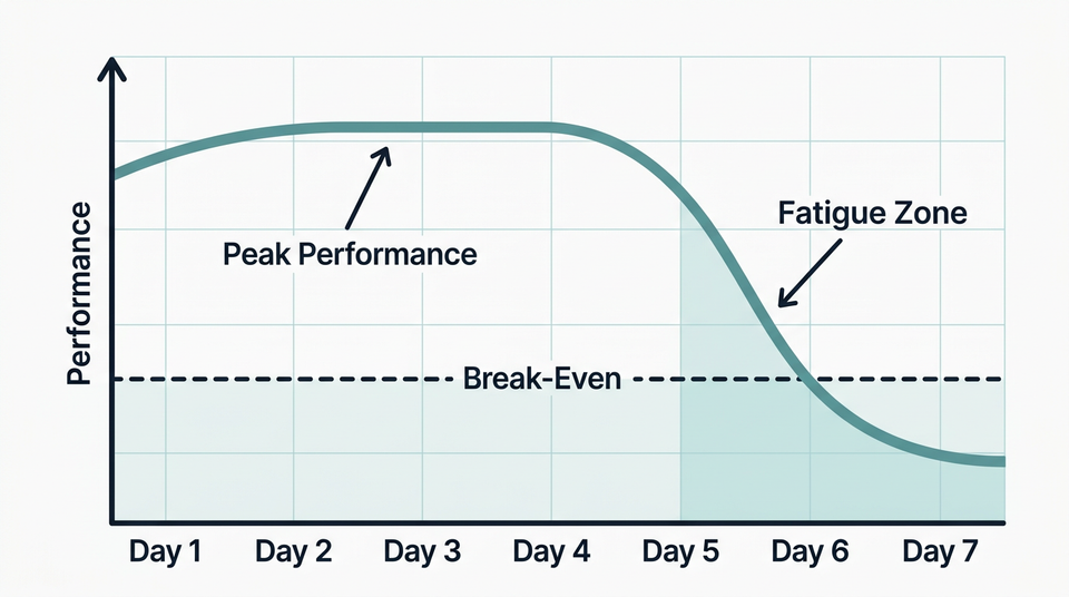 Line chart showing ad creative performance declining from peak at day 4 through fatigue at day 10