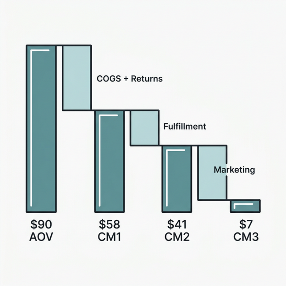 Waterfall chart showing how a $90 average order value breaks down from CM1 ($58) through CM2 ($41) to CM3 ($7) with cost layers between each step