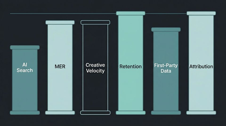 Six labeled pillars showing the key ecommerce marketing trends for 2026 including AI Search, MER, Creative Velocity, Retention, First-Party Data, and Attribution