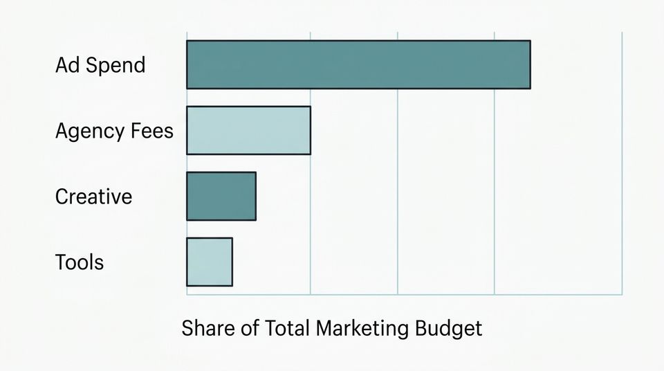Data visualization breaking down ecommerce marketing costs into four categories: agency fees, ad spend, creative production, and platform tools