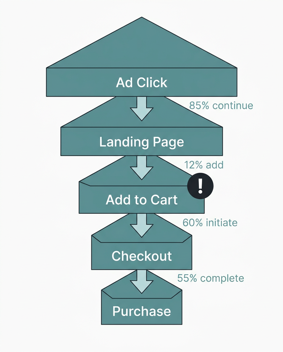Five-stage ecommerce conversion funnel with percentage drop-off rates at each stage and a warning marker at the largest leak point
