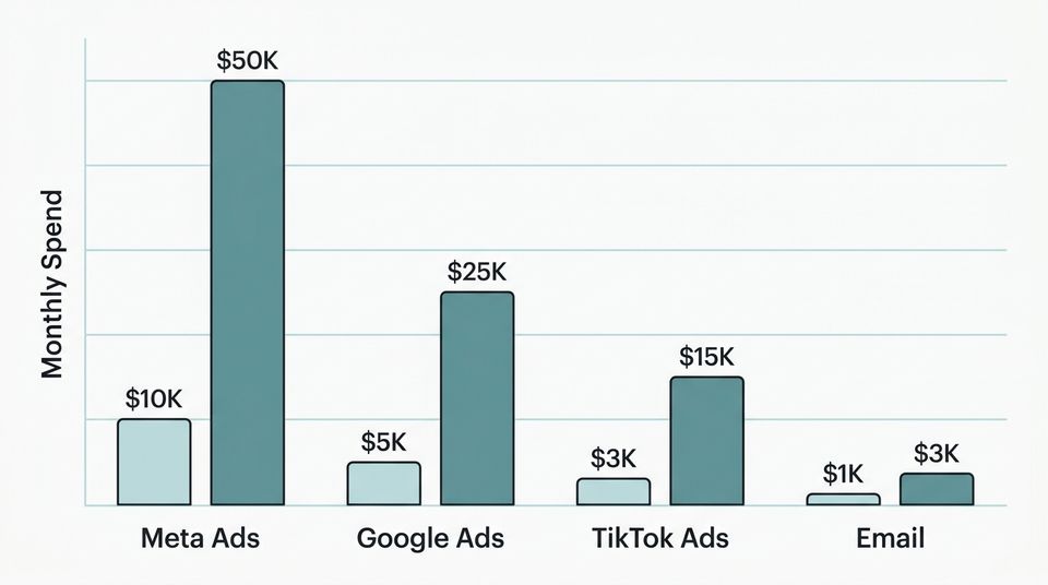 Comparison chart showing monthly ad spend ranges across Meta, Google, TikTok, and Email for DTC ecommerce brands