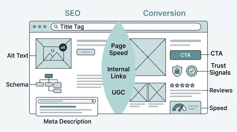 Split-view product page diagram with SEO elements on the left side and conversion elements on the right side, overlapping elements highlighted in the center