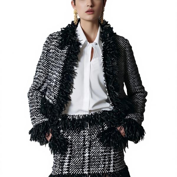 s060Black & White Tweed Fringe Trimmed Chanel-Style Co-ord Set 2