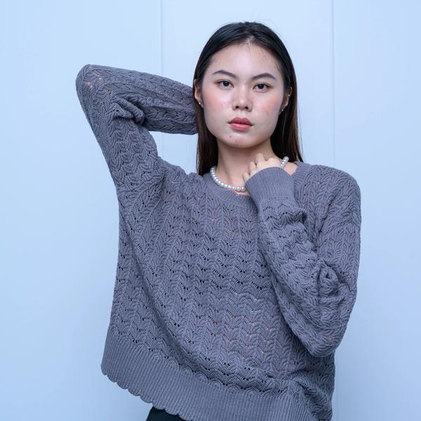 s048Misty Gray Wheat Ear Lace Crew Neck Knit Sweater 3