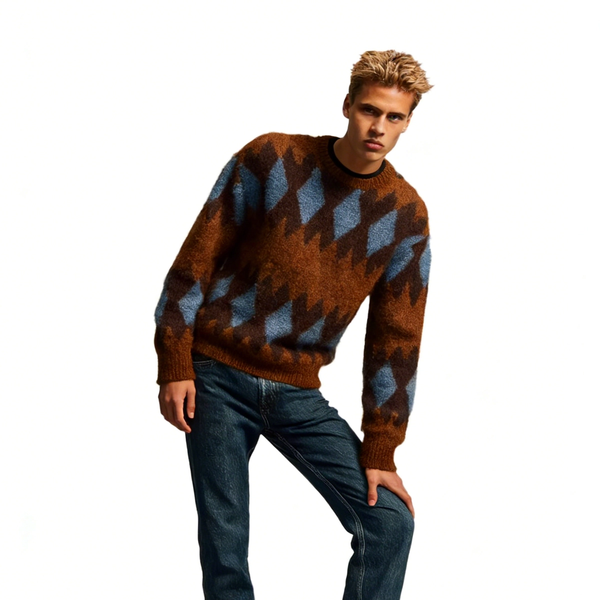 m015Brown & Blue Argyle Mohair Blend Crewneck Sweater 3