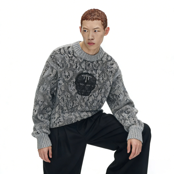 m013Python Pattern Dark Mask Jacquard Crewneck Sweater 2