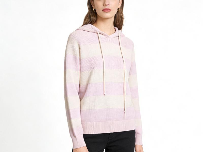 Pink & Apricot Striped Hooded Knit Sweatshirt