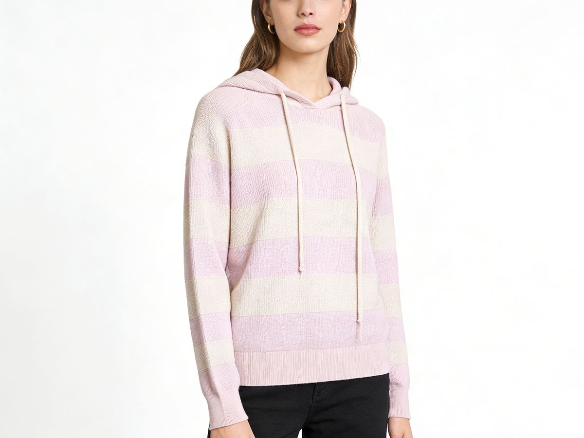 Pink & Apricot Striped Hooded Knit Sweatshirt