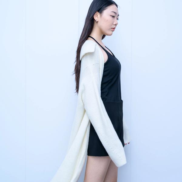 s036Cream White Textured Lapel Longline Knit Cardigan 3