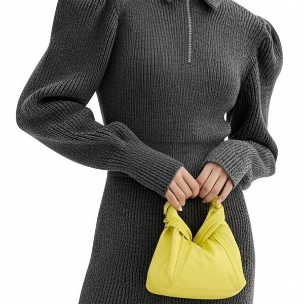 s077Charcoal Ribbed Zip-Up Puff Sleeve Knit Dress 2
