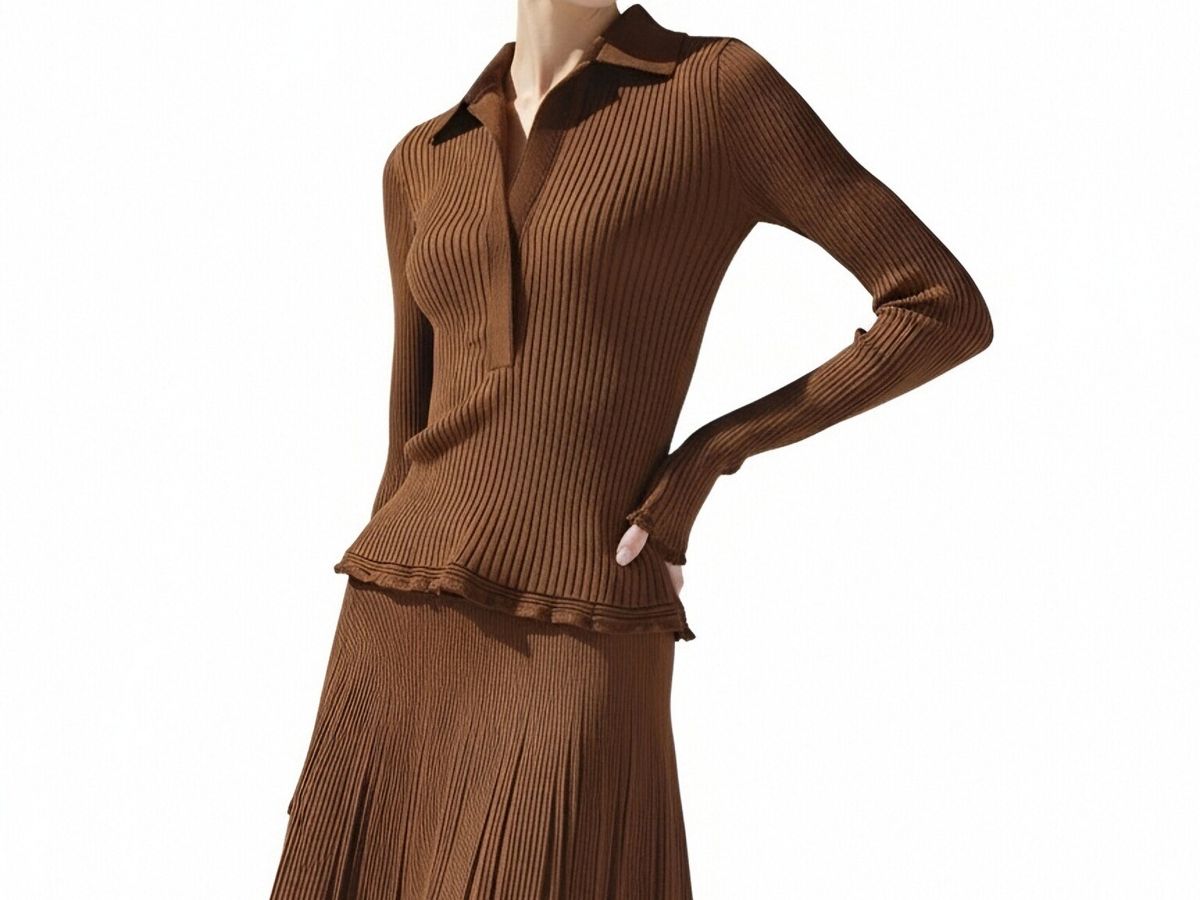 s093Caramel Vertical Rib Knit Set