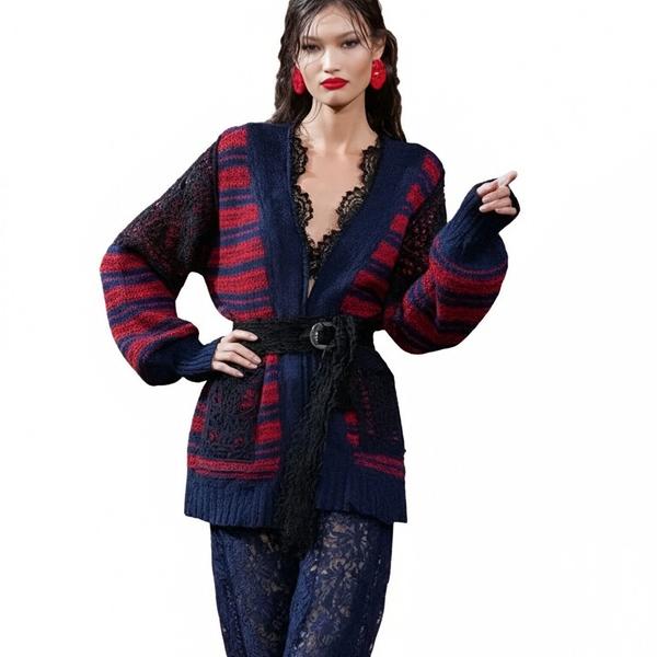 s059Navy Blue & Crimson Contrast Stripe Lace Panel Knit Co-ord Set 4