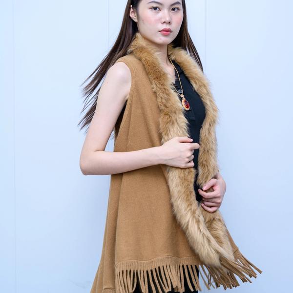 s040Caramel Brown Faux Fur Collar Fringe Knit Vest 4