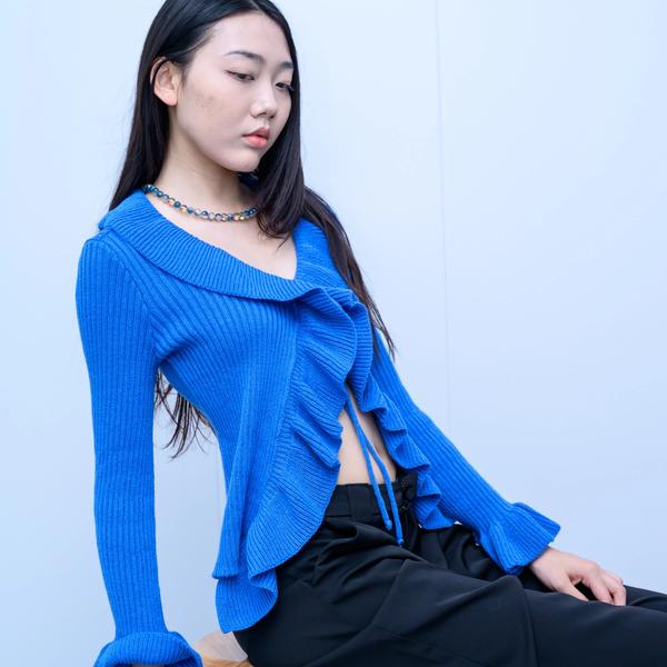 s039Klein Blue Ruffled Drawstring Knit Cardigan 4