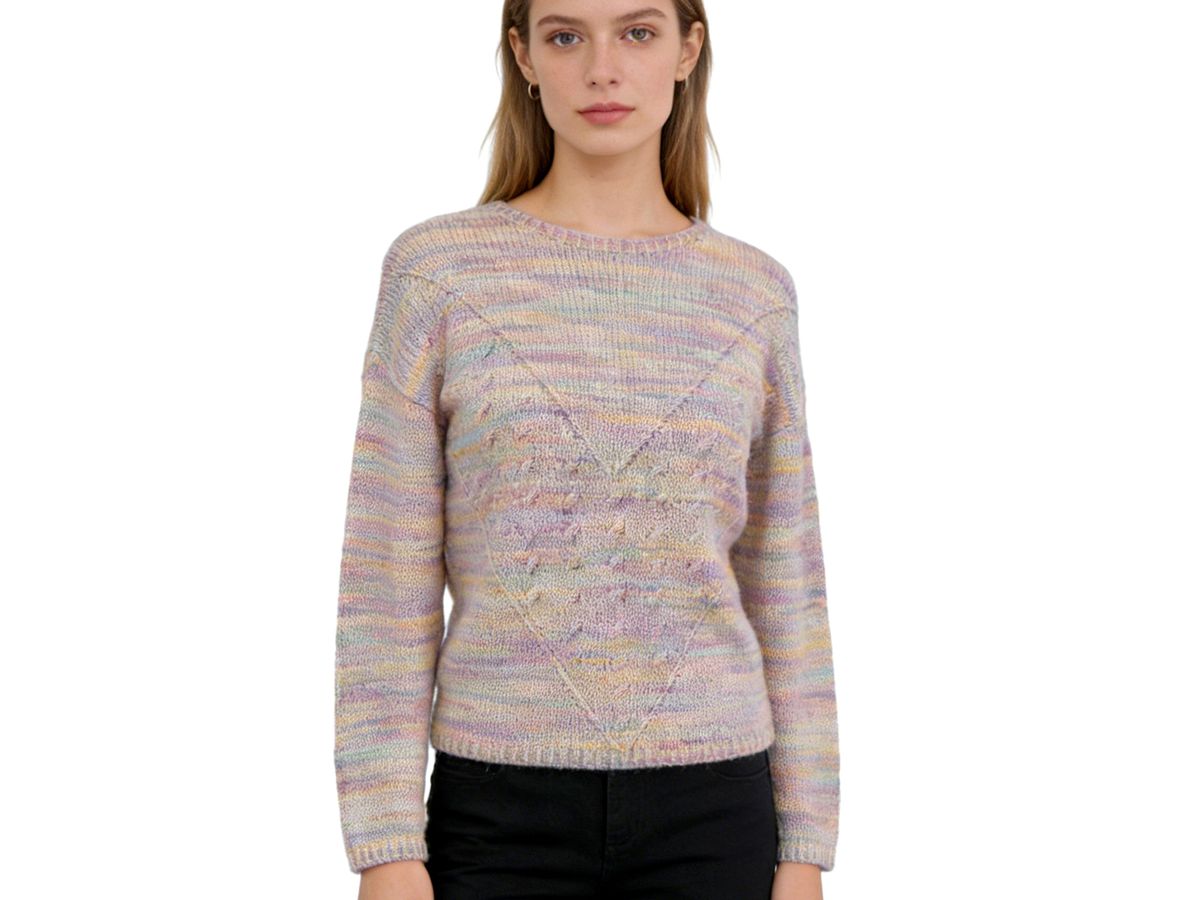 Rainbow Gradient Openwork Knit Crew Neck Sweater