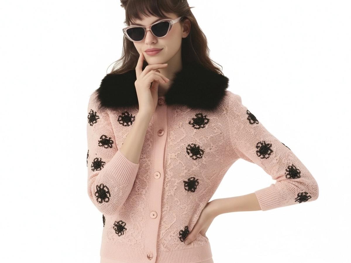 s099Sakura Pink 3D Floral Jacquard Furry Collar Knit Cardigan