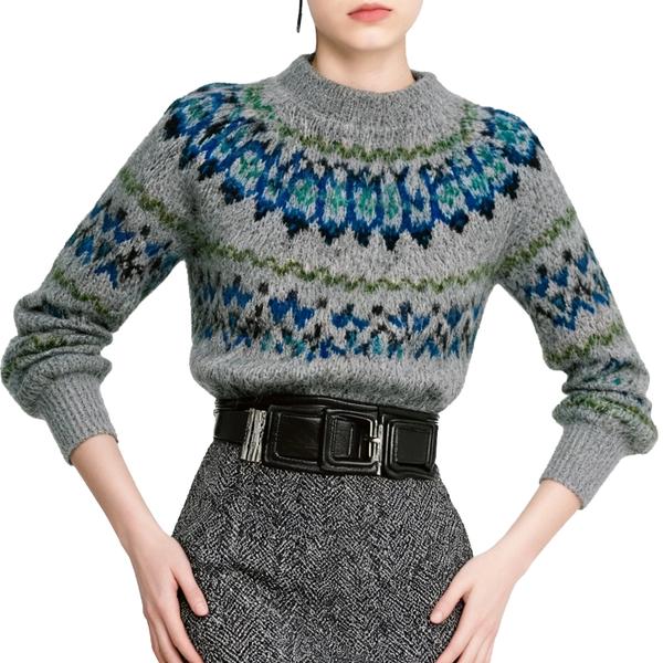s057Misty Gray Floral Jacquard Mohair Blend Mock Neck Sweater 4