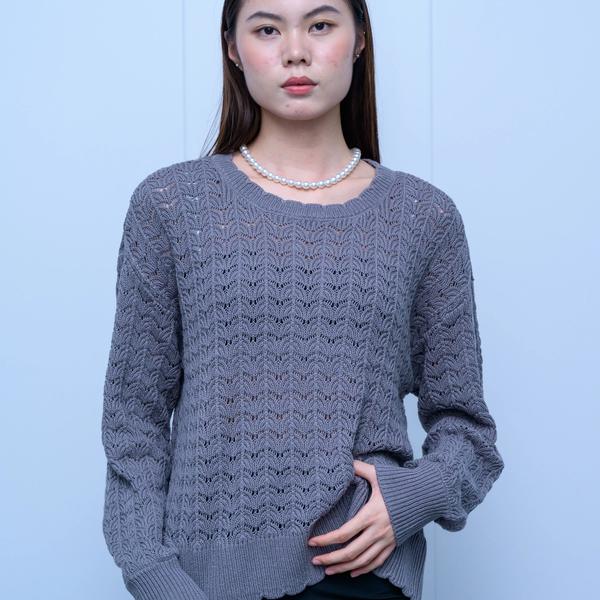 s048Misty Gray Wheat Ear Lace Crew Neck Knit Sweater 2