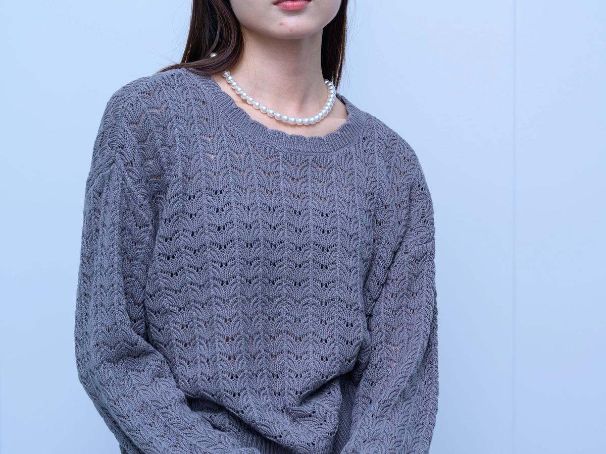 s048Misty Gray Wheat Ear Lace Crew Neck Knit Sweater