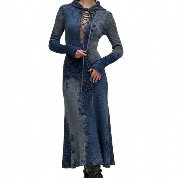 s091Blue-Grey Tie-Dye Hooded Lace-Up Knit Maxi Dress 3