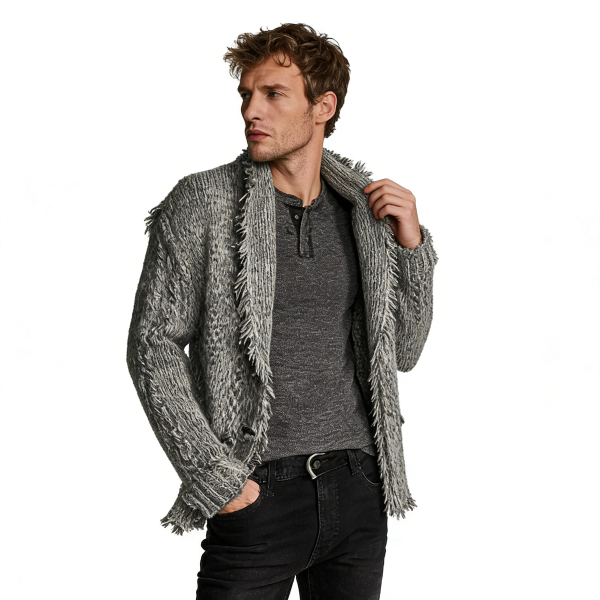 m012Heathered Stone Fringed Shawl Collar Cardigan 3