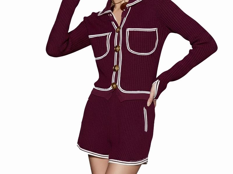 s067Burgundy & White Trim Waffle Knit Co-ord Set