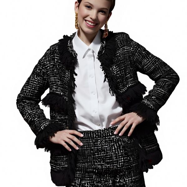 s061Black & White Tweed Fringe Trimmed Chanel-Style Co-ord Set 3