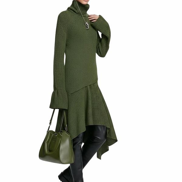 s070Military Green Textured Turtleneck Asymmetric Hem Knit Dress 3
