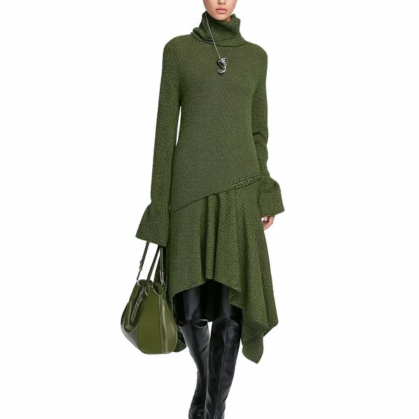 s070Military Green Textured Turtleneck Asymmetric Hem Knit Dress 4