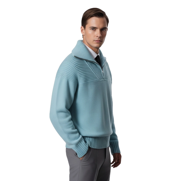 m002Sky Blue Half-Zip Funnel Neck Knit Sweater 3