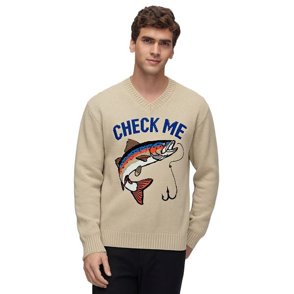 m024"Check Me" Trout Graphic V-Neck Knit Sweater 4
