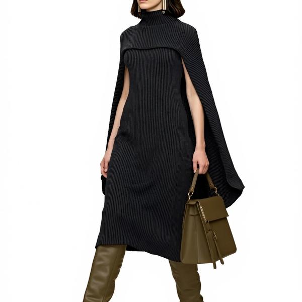 s081Black Ribbed Cape Knit Dress 3