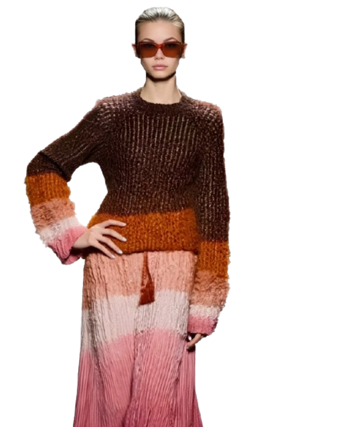 Model wearing brown and pink ombre textured knit sweater