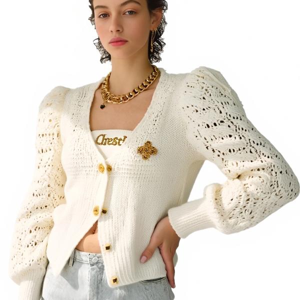s100Off-White Crochet Puff Sleeve Knit Cardigan 2