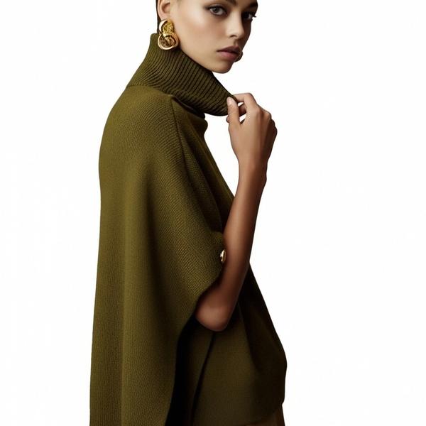 s103Olive Green Turtleneck Cape Knit Top 2