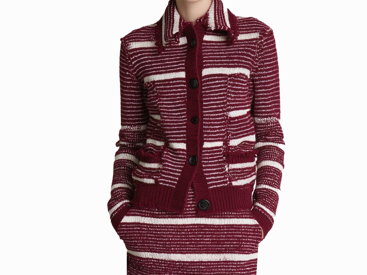s064Burgundy & Off-White Contrast Stripe Collared Knit Co-ord Set