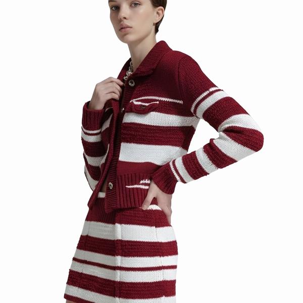 s065Burgundy & White Contrast Stripe Collared Knit Co-ord Set 3