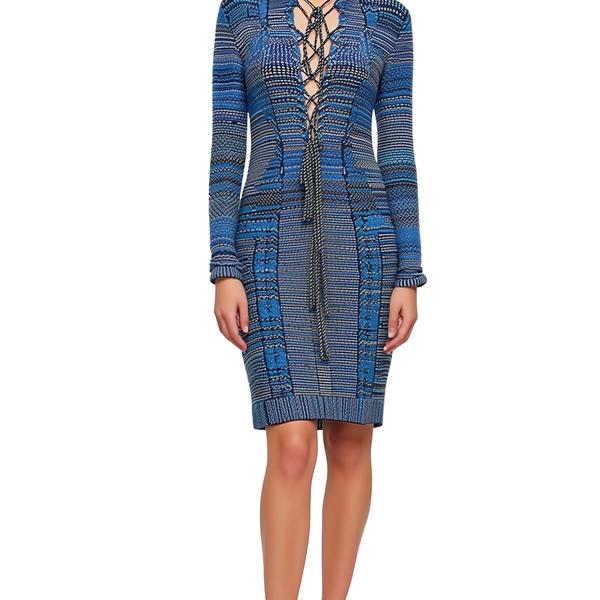 s090Blue & White Woven Lace-Up Knit Dress 3