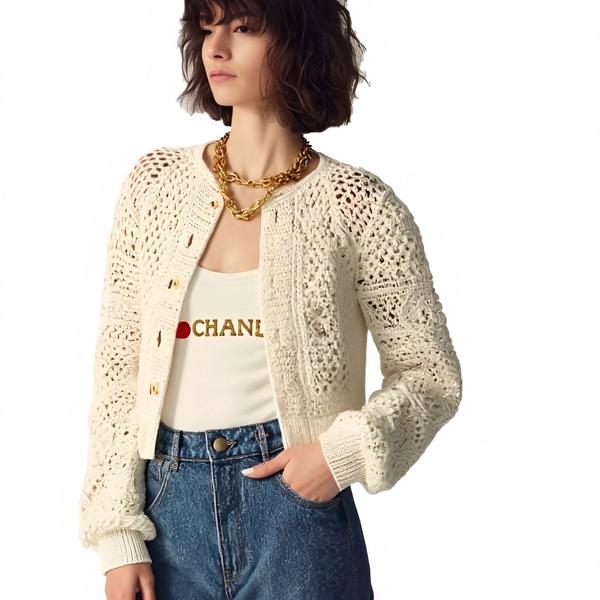 s101Off-White Crochet Knit Tweed-Style Cardigan 4