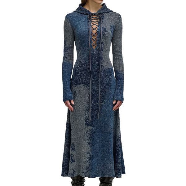 s091Blue-Grey Tie-Dye Hooded Lace-Up Knit Maxi Dress 4