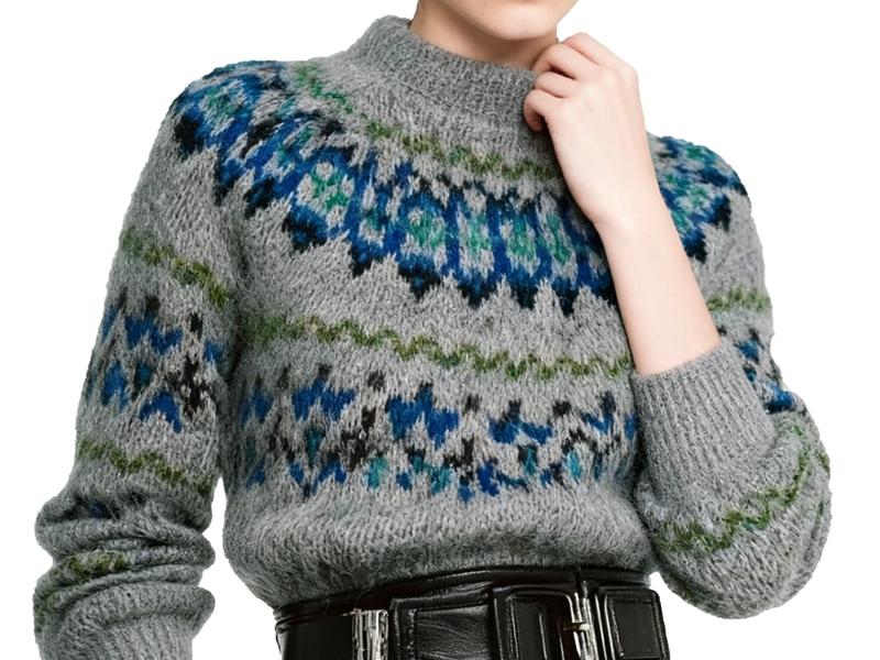 s057Misty Gray Floral Jacquard Mohair Blend Mock Neck Sweater