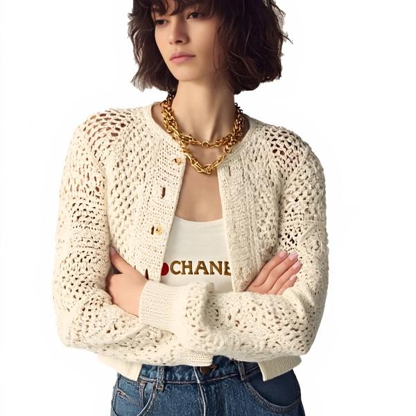 s101Off-White Crochet Knit Tweed-Style Cardigan 2