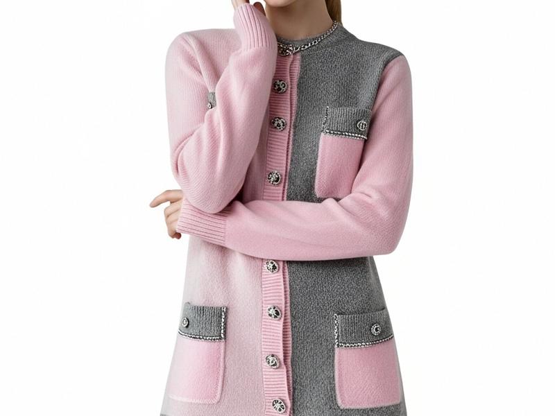 s074Pink & Grey Asymmetric Tweed-Style Knit Cardigan Dress