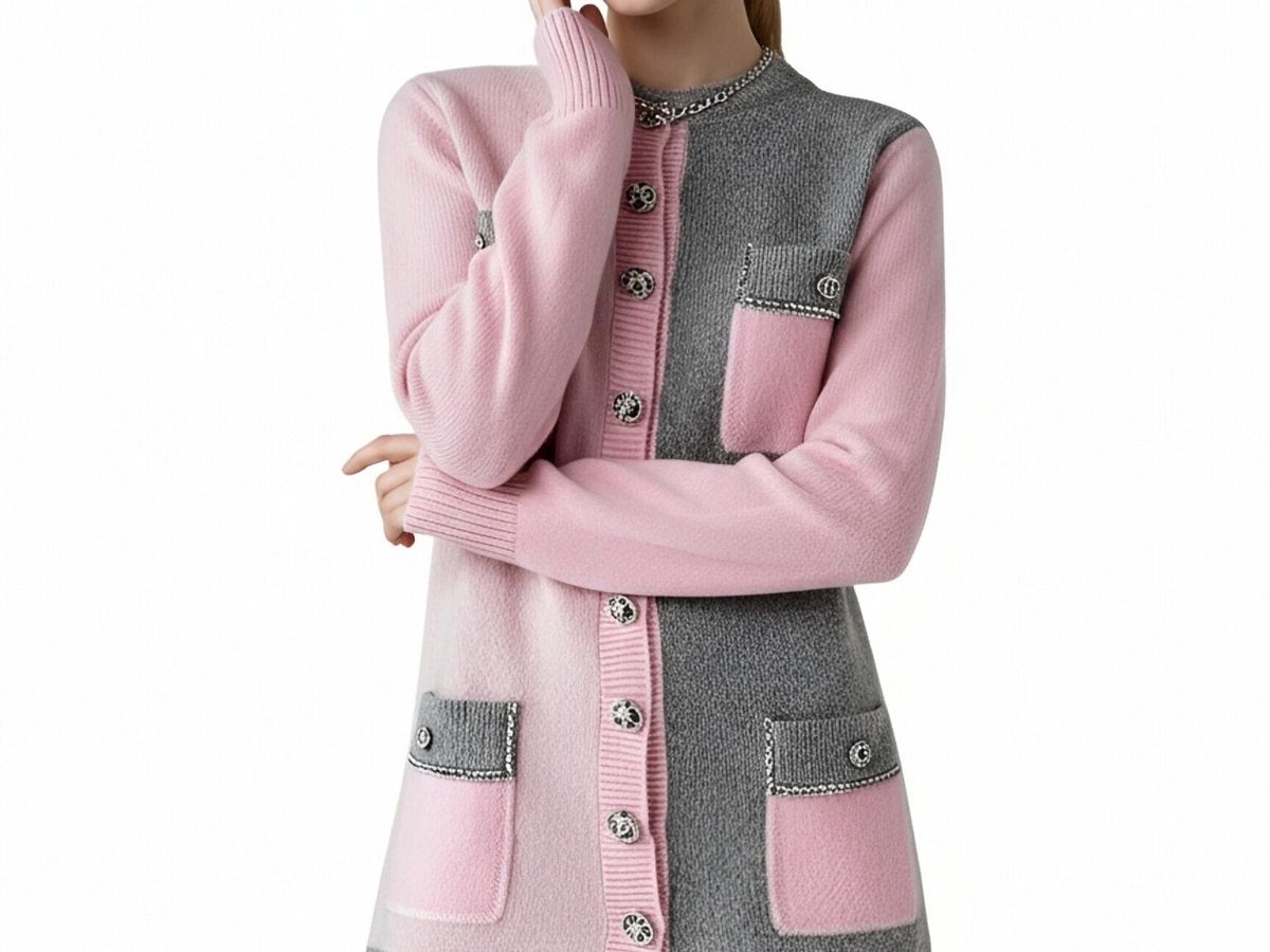 s074Pink & Grey Asymmetric Tweed-Style Knit Cardigan Dress