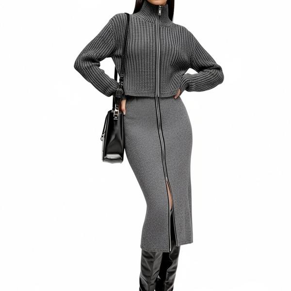 s078Charcoal Textured Zip-Up Knit Set 3