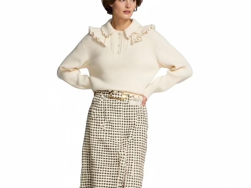 s096Off-White Ruffled Polo Collar Knit Top