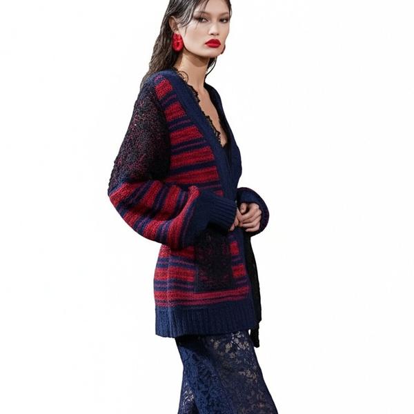 s059Navy Blue & Crimson Contrast Stripe Lace Panel Knit Co-ord Set 3