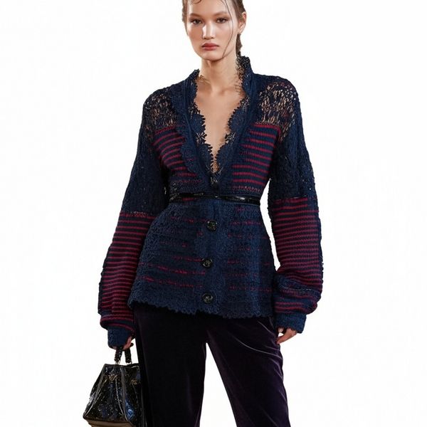 s058Navy Blue & Red Stripe Textured Lace V-Neck Knit Cardigan 3