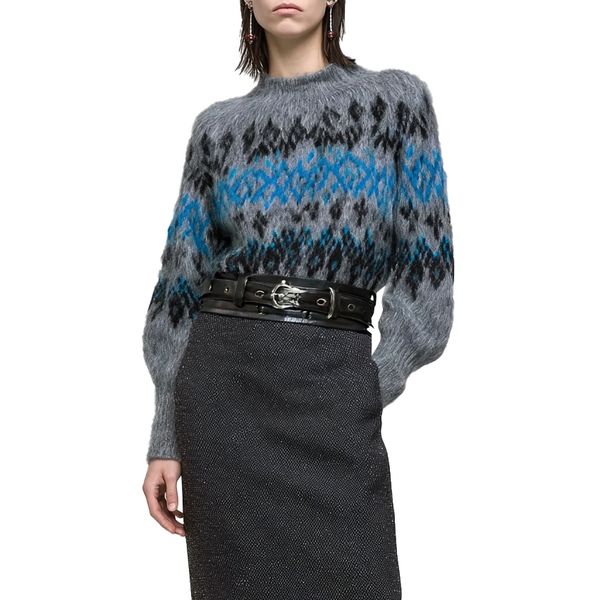 s056Misty Gray Icelandic Pattern Mohair Blend Crew Neck Sweater 4